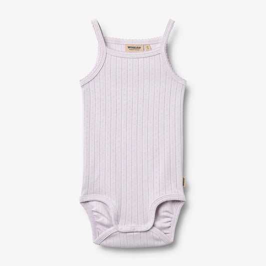 Flat front product image of purple sleeveless baby bodysuit