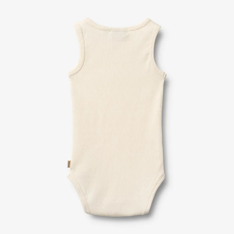 Flat back product image of ivory sleeveless baby bodysuit