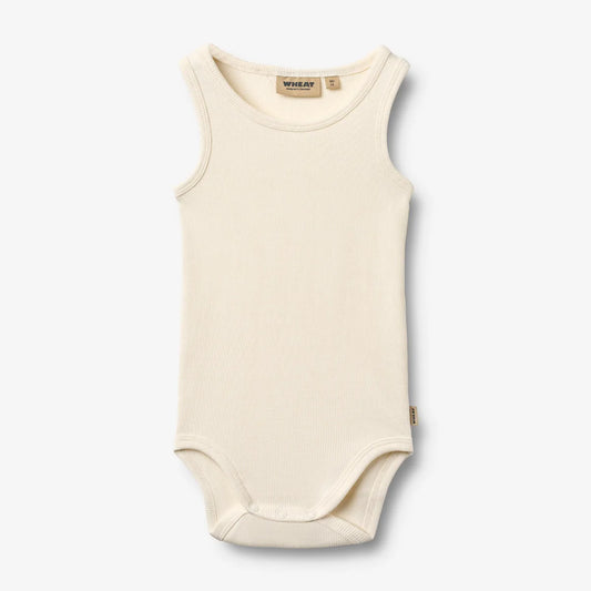 Flat front product image of ivory sleeveless baby bodysuit