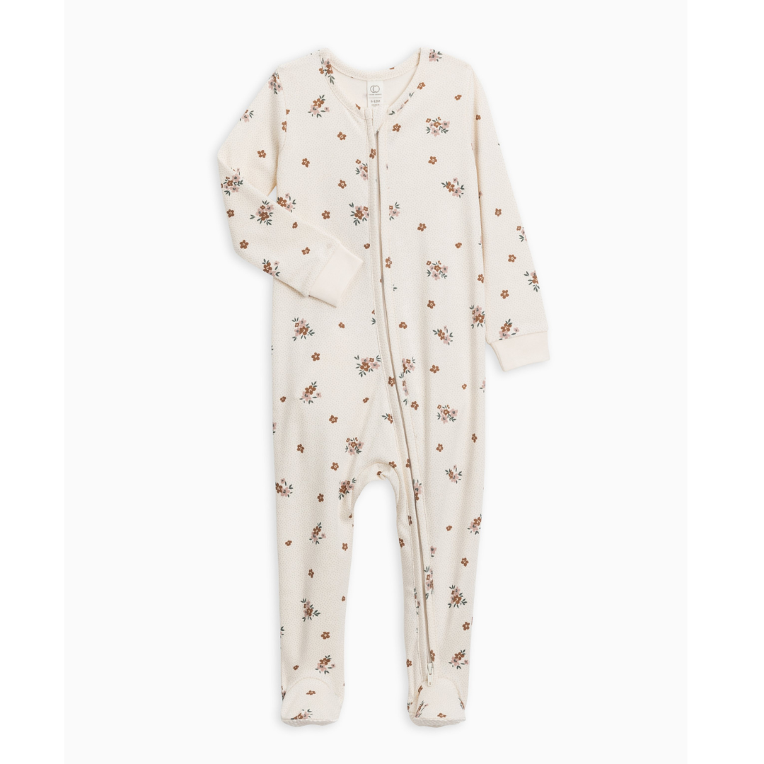 Product image of an ivory zippered sleeper with a brown and pink floral print