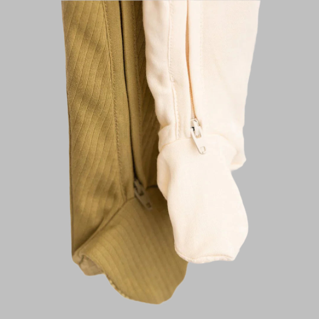 Close up shot of sleeper feet showing zipper pull and ribbed texture