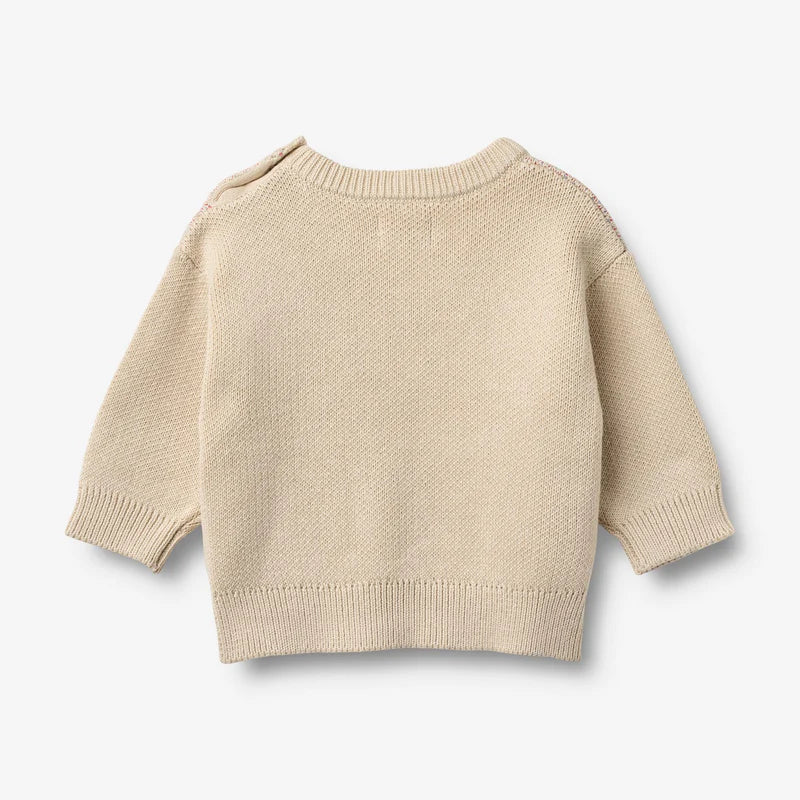 Flat back product image of knit baby sweater with rainbow print