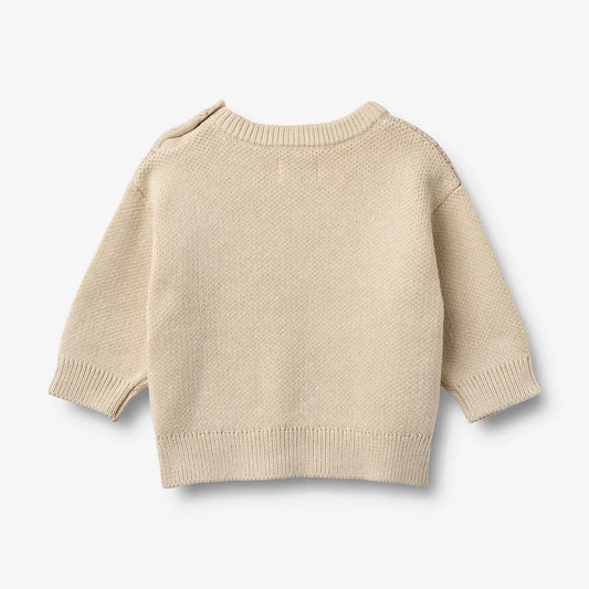 Flat back product image of knit baby sweater with rainbow print