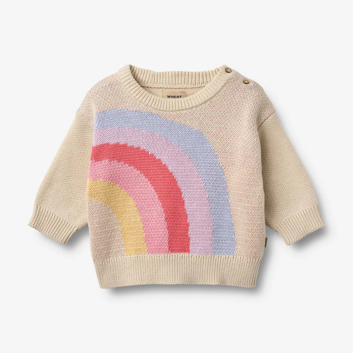 Flat front product image of knit baby sweater with rainbow print