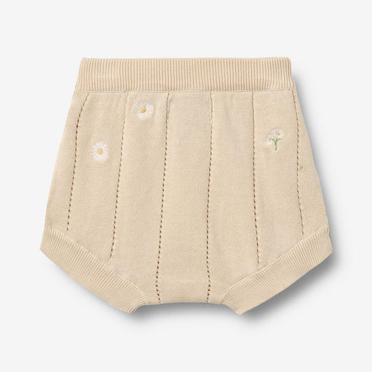 Flat back product image of pale yellow knit baby shorts
