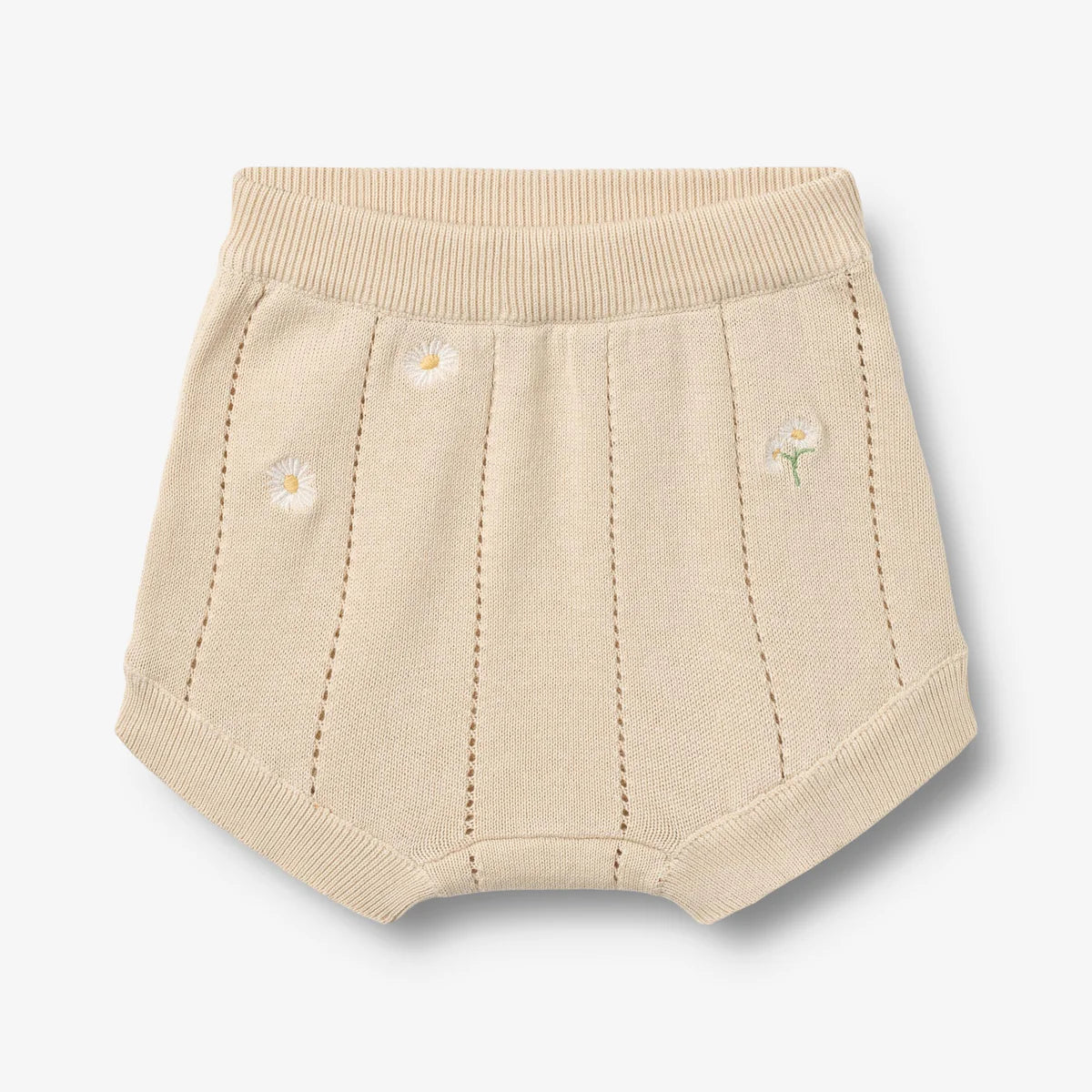 Flat front product image of pale yellow knit baby shorts