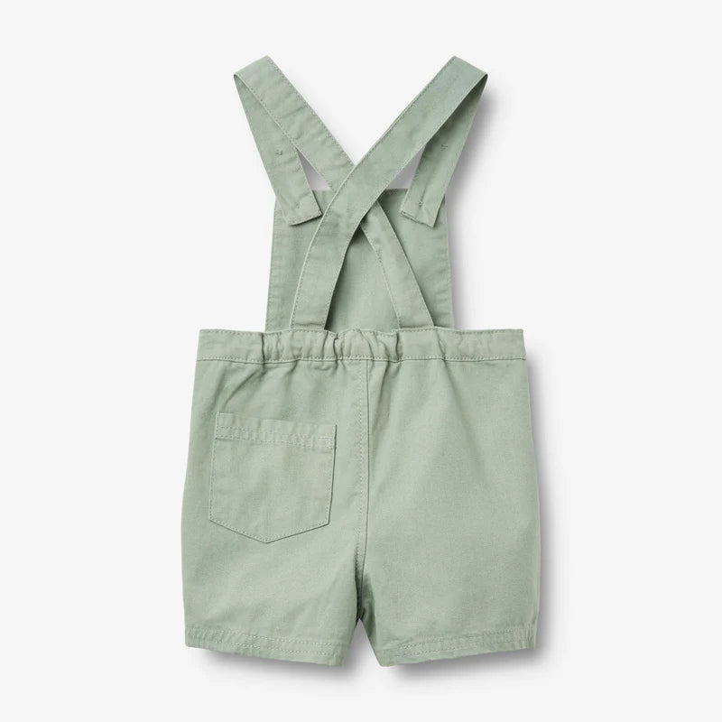 Flat back product image of teal baby overalls