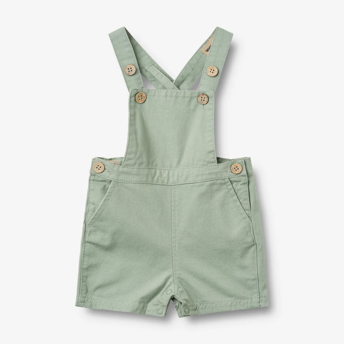 Flat front product image of teal baby overalls