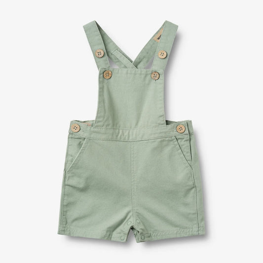 Flat front product image of teal baby overalls