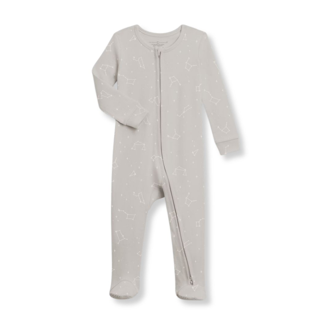 Product image of a zipper footie sleeper in stone grey with a subtle white constellation print