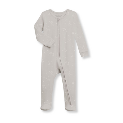 Product image of a zipper footie sleeper in stone grey with a subtle white constellation print