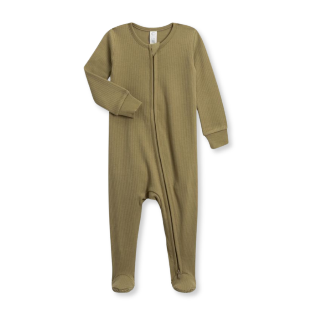 Product image of a moss green baby zipper sleeper