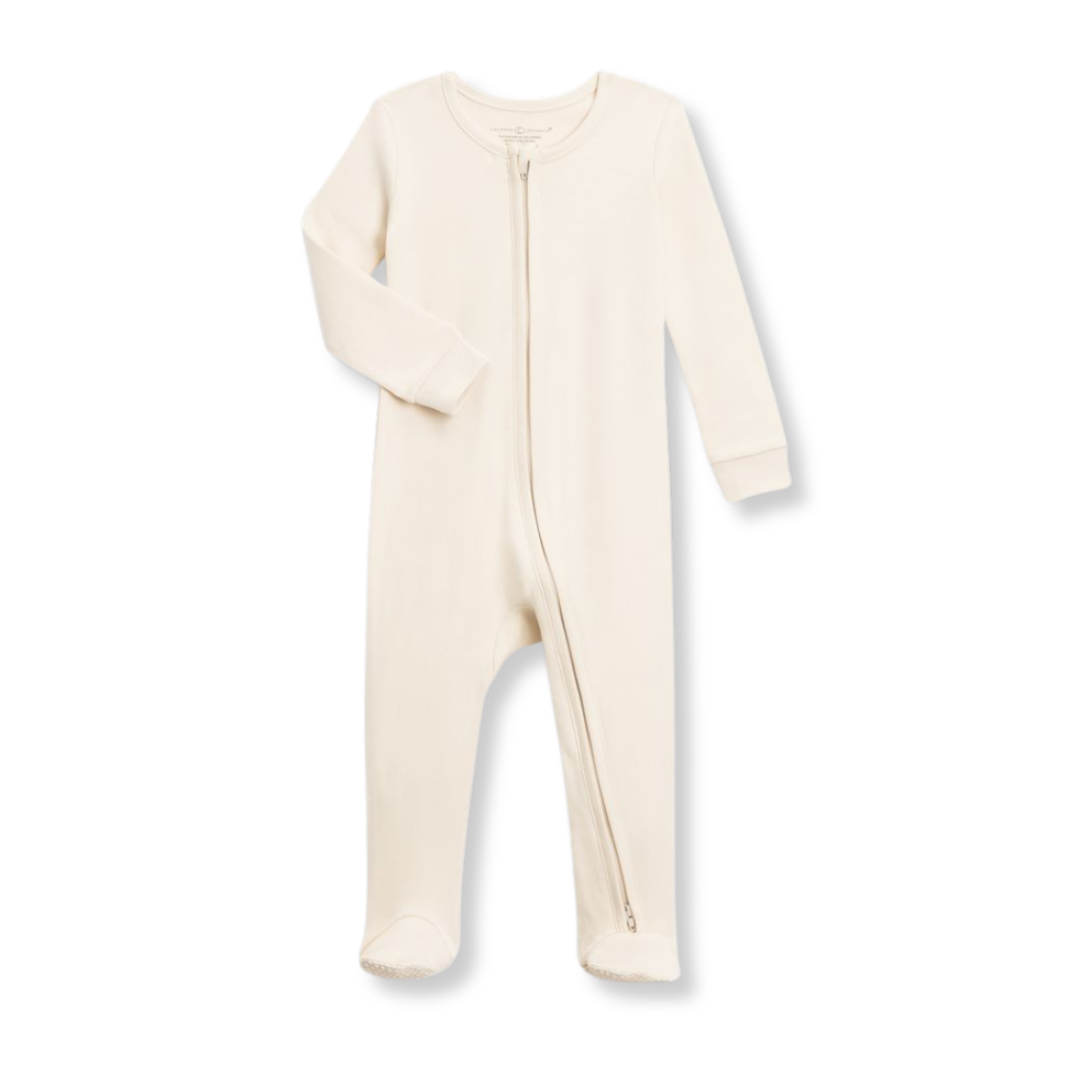 Product image of a light beige baby sleeper with two-way zipper