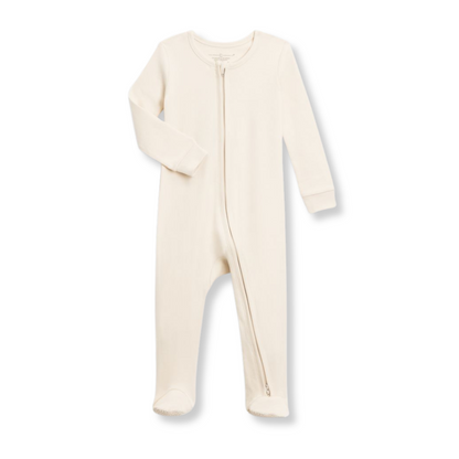 Product image of a light beige baby sleeper with two-way zipper