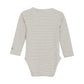 Flat back product image of a long sleeved baby bodysuit with light grey stripes on ivory