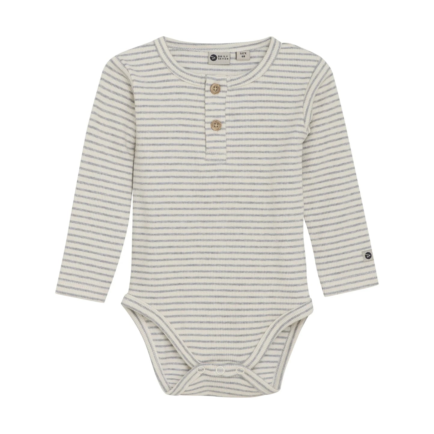 Flat front product image of a long sleeved baby bodysuit with light grey stripes on ivory