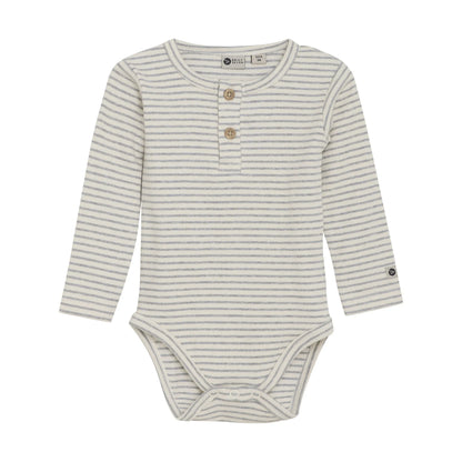 Flat front product image of a long sleeved baby bodysuit with light grey stripes on ivory