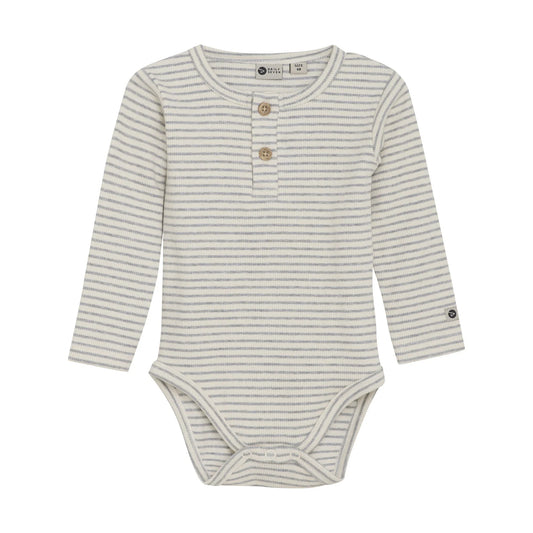 Flat front product image of a long sleeved baby bodysuit with light grey stripes on ivory