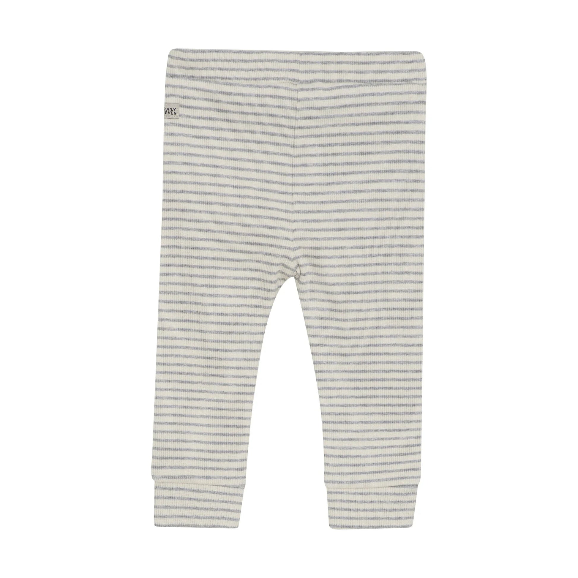 Flat back product image of baby leggings with two small wooden buttons in light grey stripes on ivory