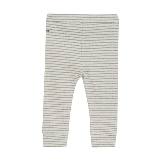 Flat back product image of baby leggings with two small wooden buttons in light grey stripes on ivory