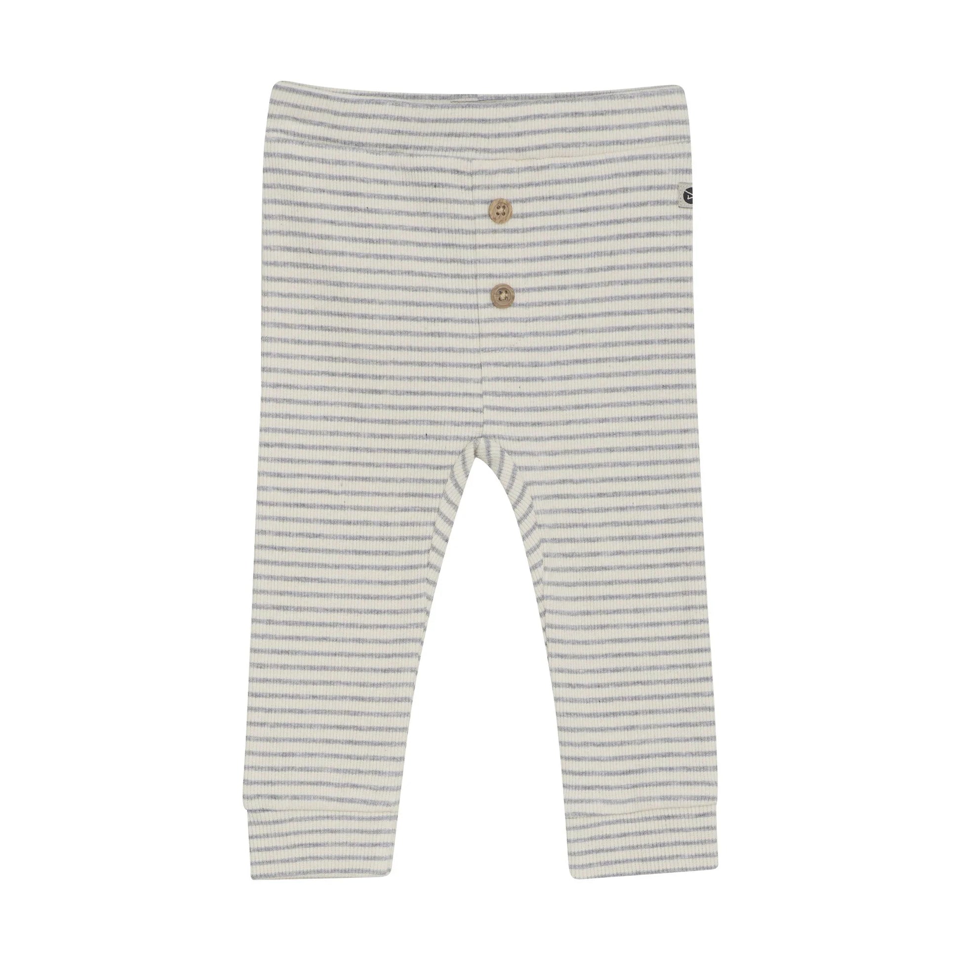 Flat front product image of baby leggings with two small wooden buttons in light grey stripes on ivory