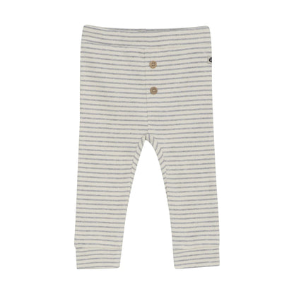 Flat front product image of baby leggings with two small wooden buttons in light grey stripes on ivory