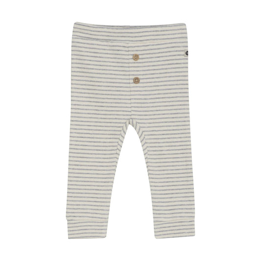 Flat front product image of baby leggings with two small wooden buttons in light grey stripes on ivory