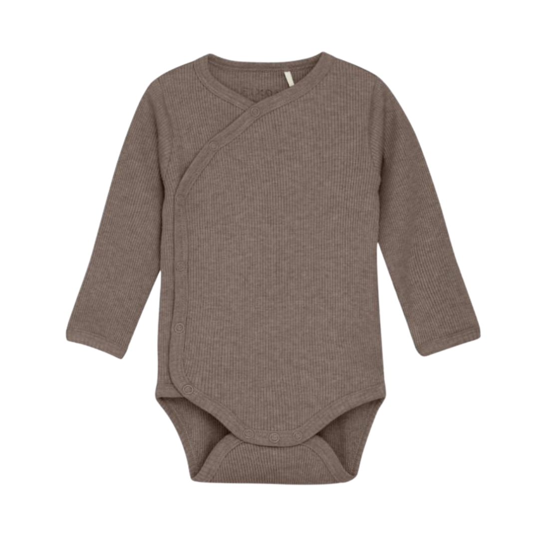 Product image of a warm brown wrap front baby long sleeve bodysuit