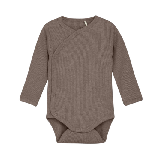 Product image of a warm brown wrap front baby long sleeve bodysuit