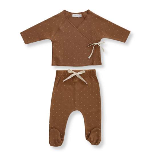 Wrap Top and Footie Pant Set | Brown Mini Dot
