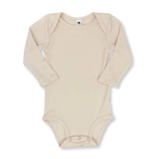 Product image of a long sleeve ivory baby onesie