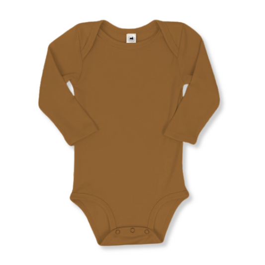 Product image of a long sleeve baby onesie in a deep caramel colour