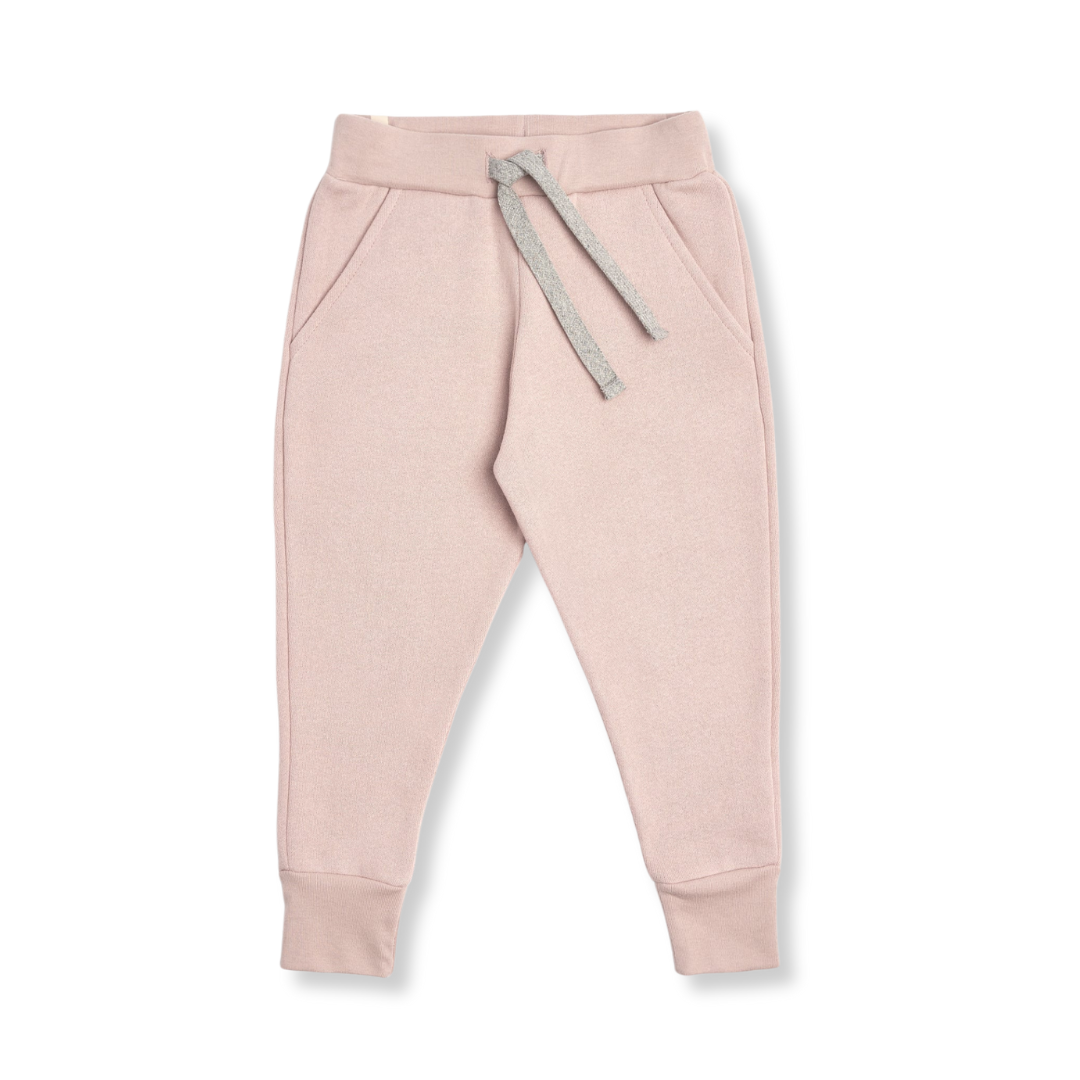 Product image of a light pink baby sweatpant with a grey drawcord