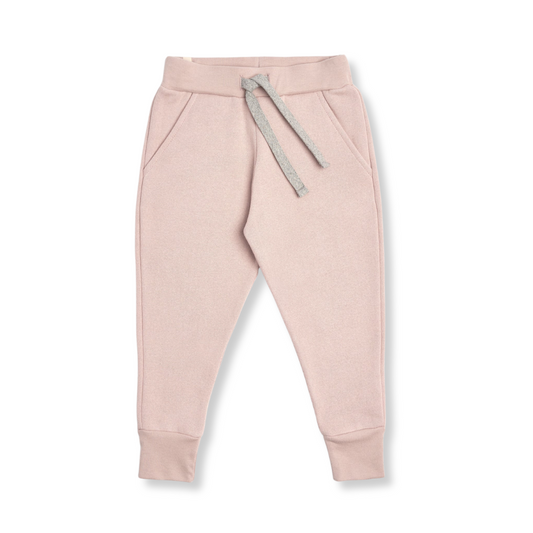 Product image of a light pink baby sweatpant with a grey drawcord