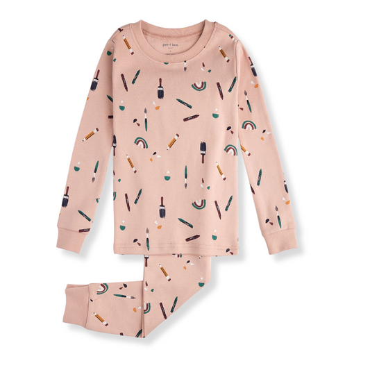 flat lay of a long sleeve toddler pj set