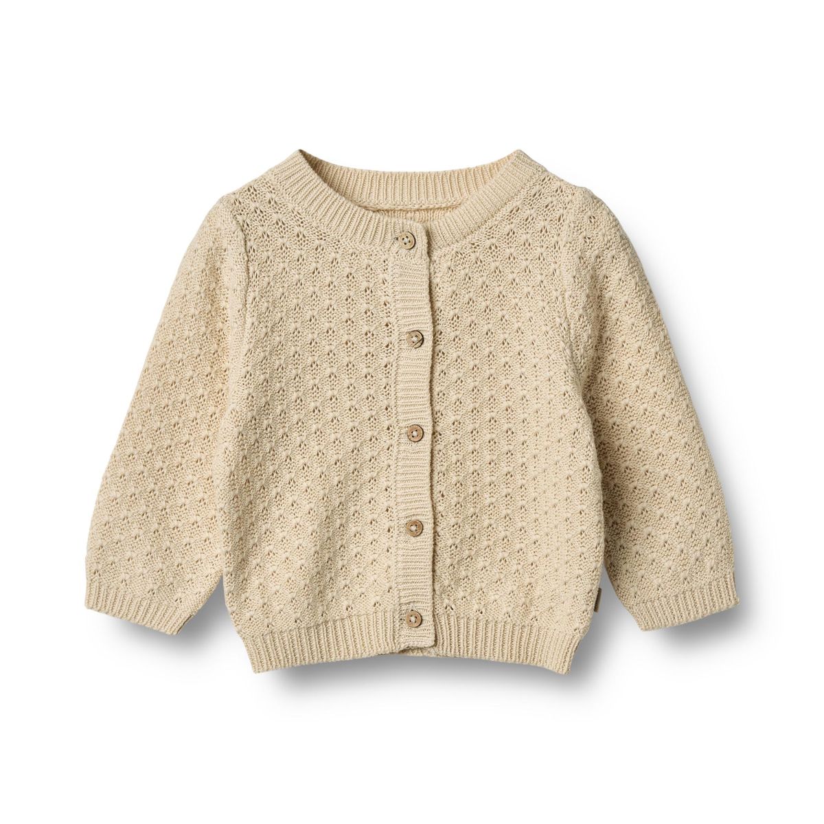 Flat front product image of a knit button front baby cardigan