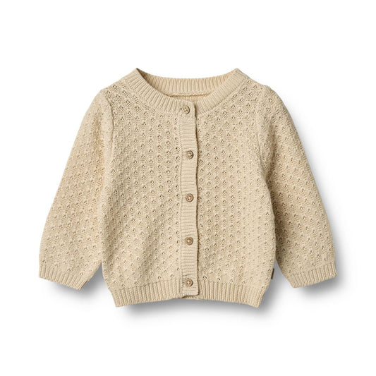 Flat front product image of a knit button front baby cardigan