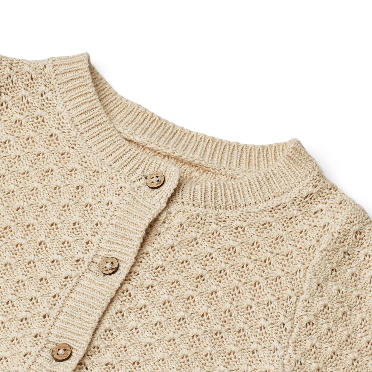 Close up product image of a knit button front baby cardigan
