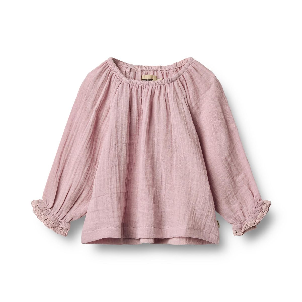 Flat front product image of a long sleeve cotton muslin blouse