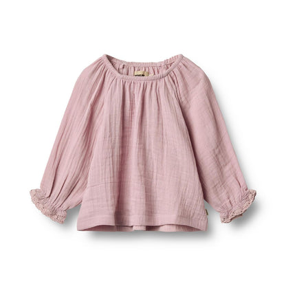 Flat front product image of a long sleeve cotton muslin blouse