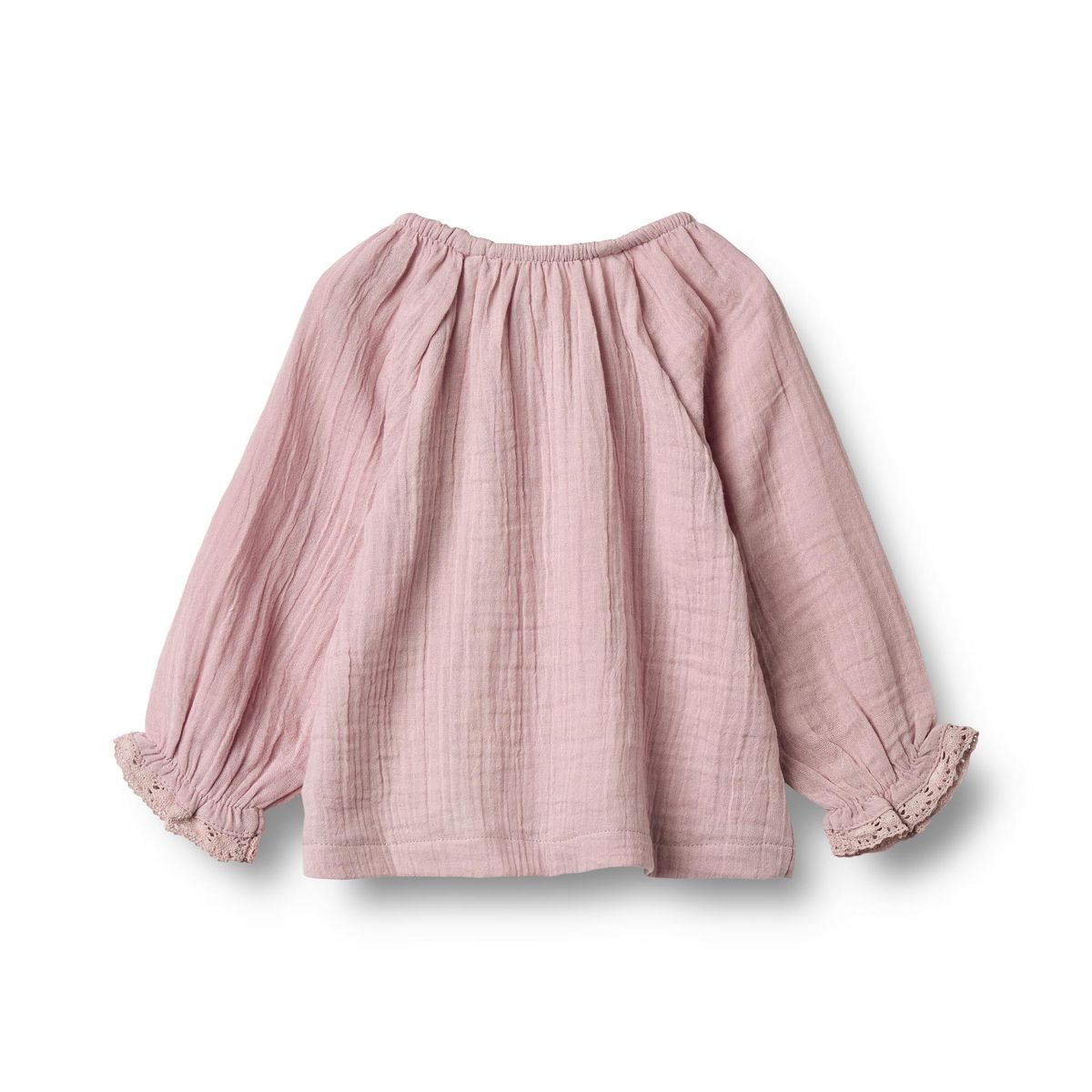 Flat back product image of a long sleeve cotton muslin blouse
