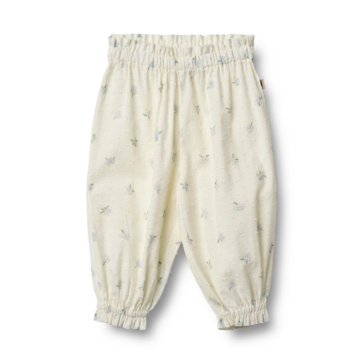 Flat front product image of woven cotton ruffle baby trousers