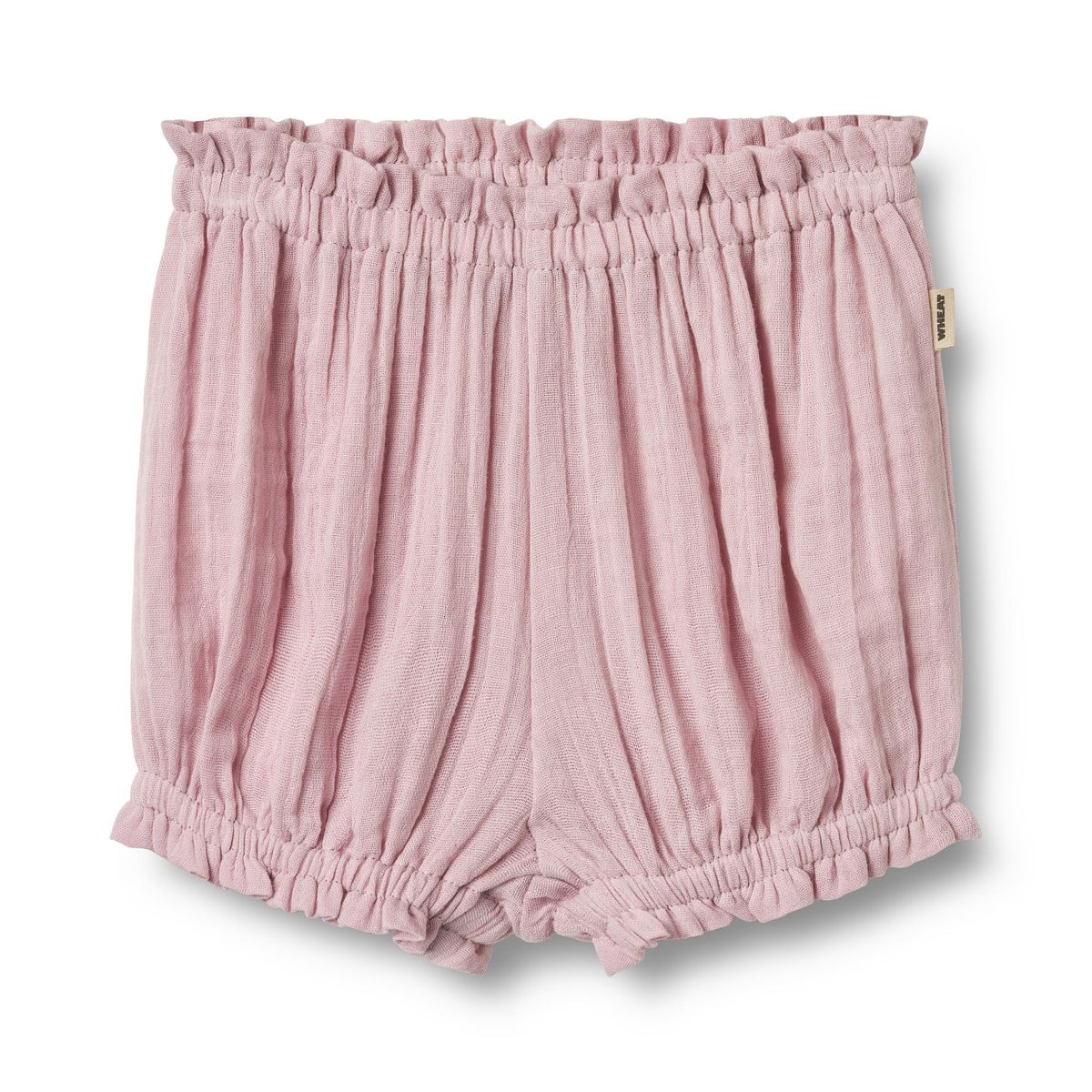 Flat front product image of cotton muslin baby bloomer shorts