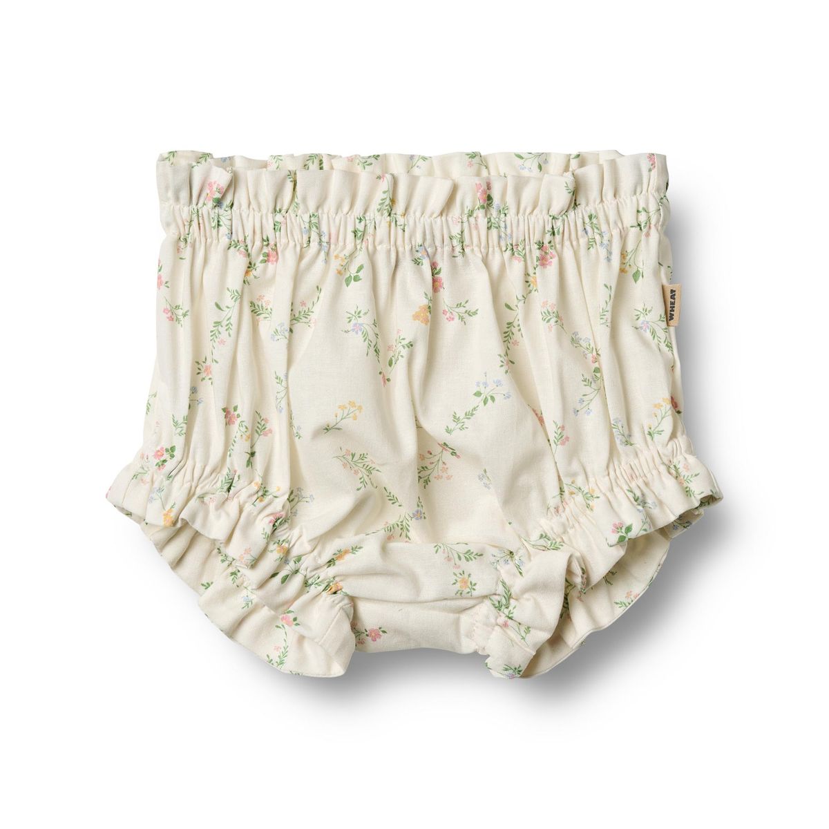 Flat front product image of woven cotton baby bloomer shorts