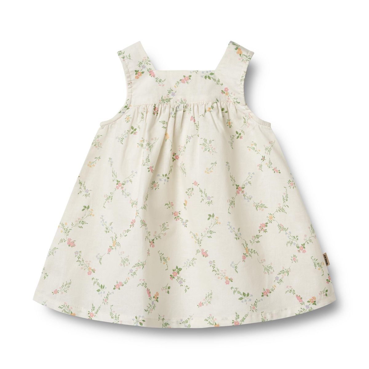 Flat front product image of a woven cotton baby dress