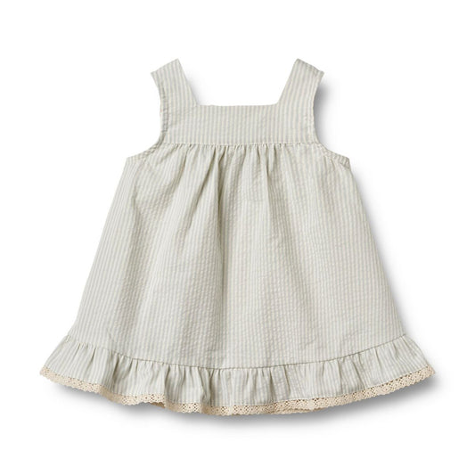 Flat front product image of a light blue seersucker dress