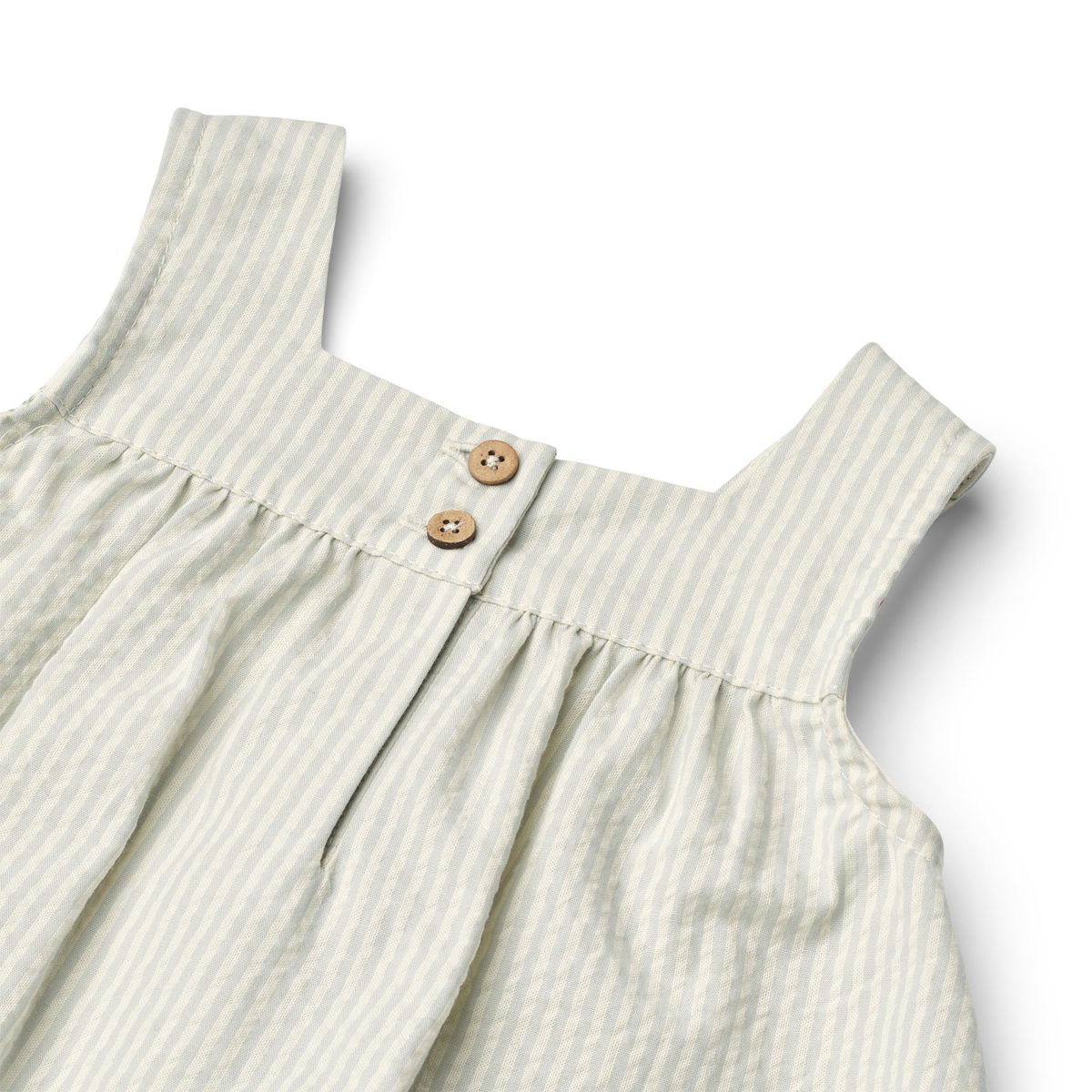 Close up product image of a light blue seersucker dress