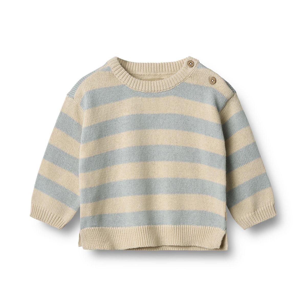 Flat front product image of a striped baby pullover sweater