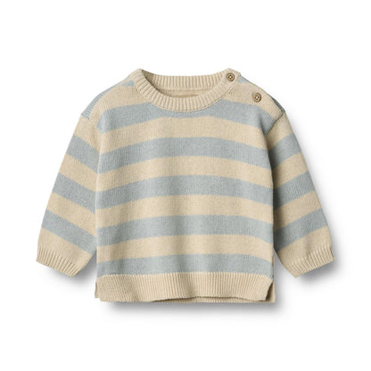 Flat front product image of a striped baby pullover sweater