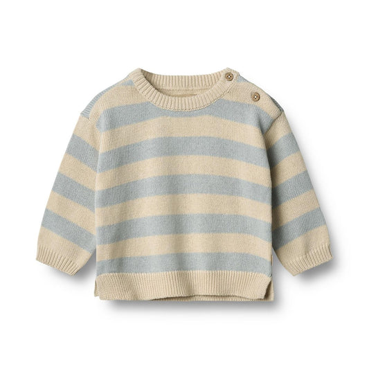 Flat front product image of a striped baby pullover sweater